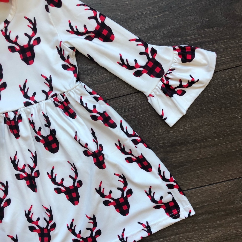 Boutique Toddler Girl Buffalo Plaid Deer Dress - Picture 2 of 2